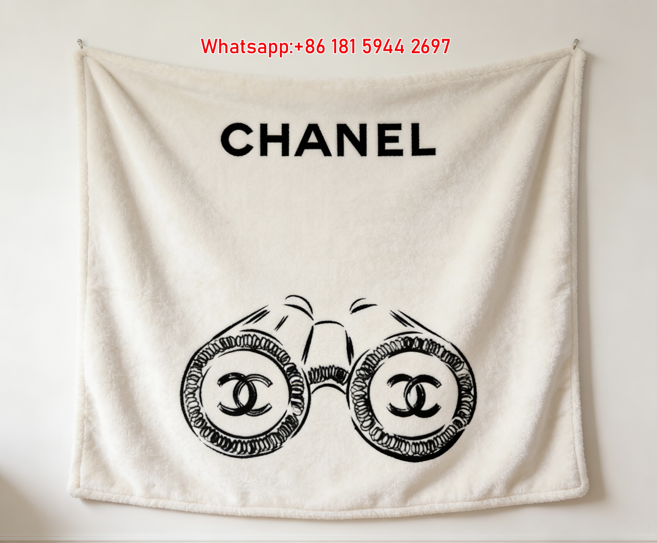 Chanel CC Logo Binoculars Sketch Flannel Sofa Throw Blanket IMG_6776